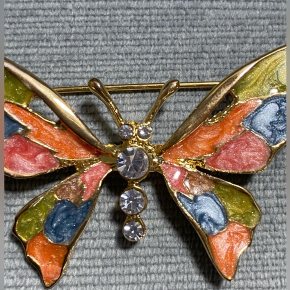 Vintage cloisonne’ enameled wings butterfly golden broach, C clasp 2.5“ x 1.5“ - Picture 11 of 11